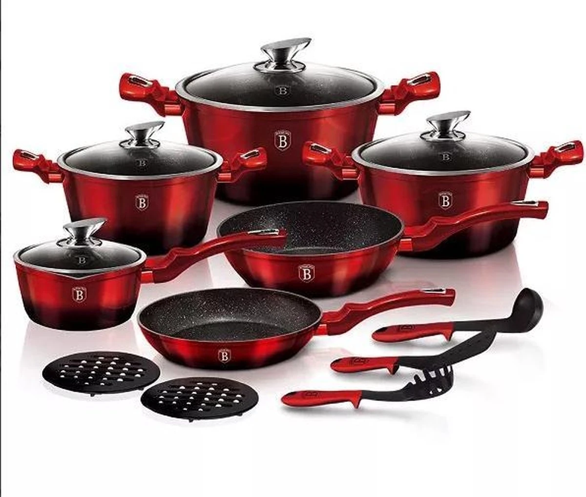 6-delige Balck Burgundy Pannen Set Bordeaux Rood Met Accessoires Ook Voor Inductie 3 6-delige Balck Burgundy Pannen Set Bordeaux Rood Met Accessoires Ook Voor Inductie