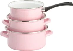 Lite-Body Pannenset - 3-delig - 2 Kookpannen & 1 Steelpan - Emaille - Serafijn Roze -Keuken Verkoop 1200x836 1